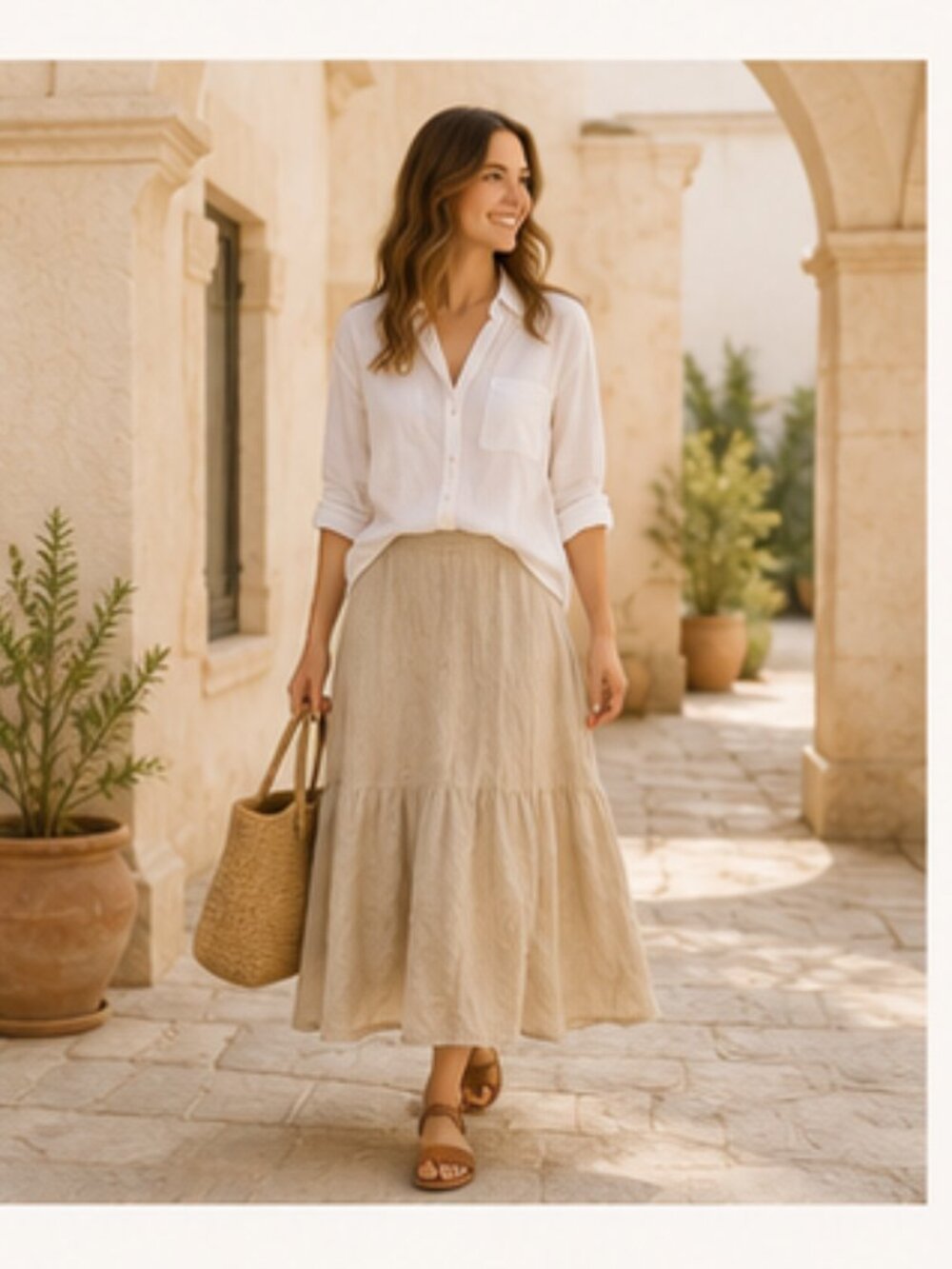 Made in Italy Linen Cotton Tiered Maxi Skirt Neutral Boho Resort Quiet Luxury M - Picture 4 of 10